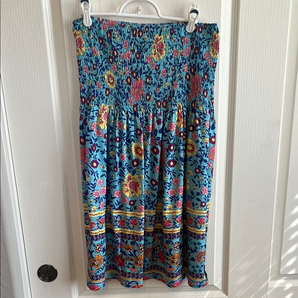 Blue Pink Smocked Strapless Midi Dress